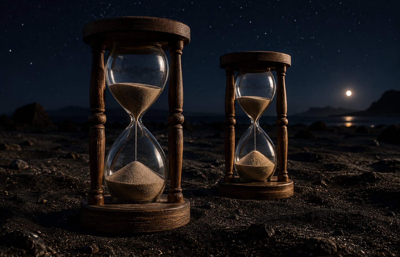 Zwei unbeschriftete Holzuhren mit Korn auf dunklem Sand, Nacht