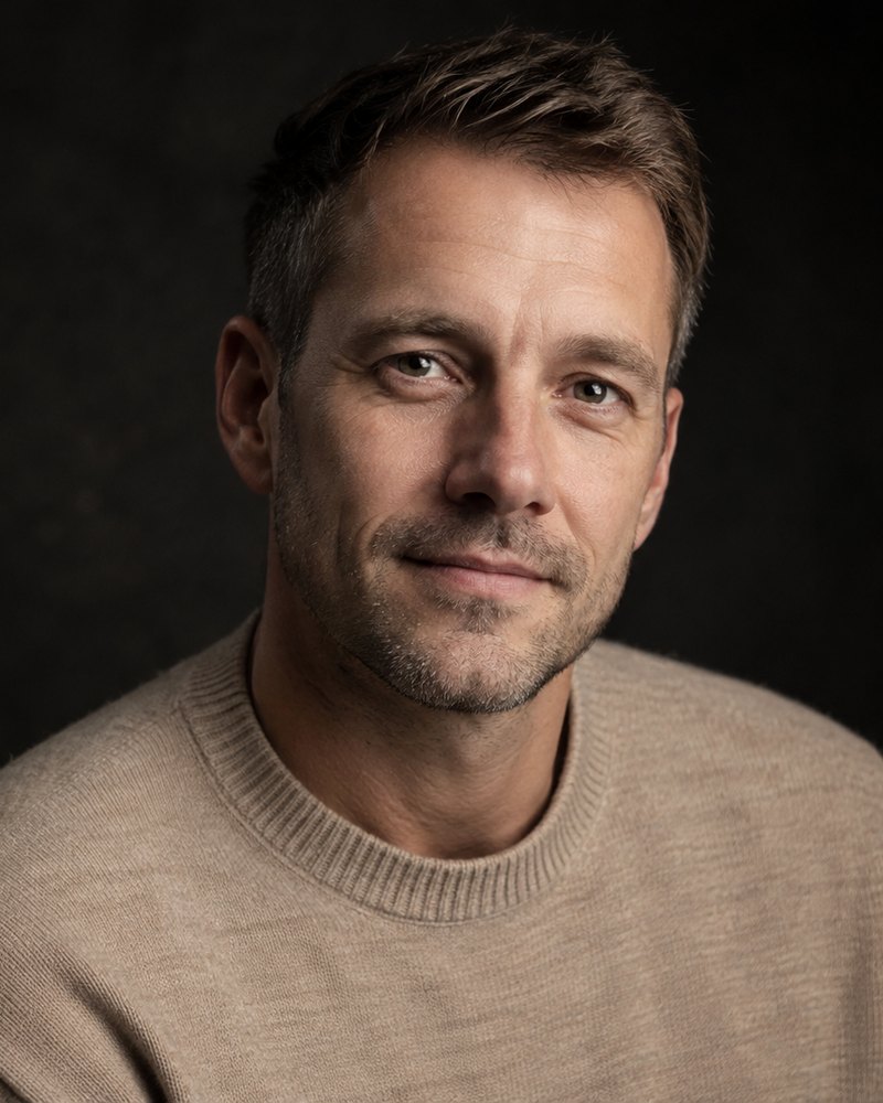 Henrik Vogt, kurzes Haar, sandfarbener Strick, dunkles Studio